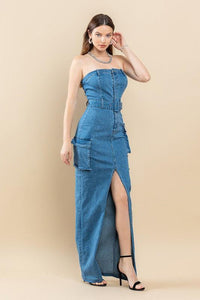 DENIM TUBE FRONT SLIT MAXI DRESS - PRIVILEGE 