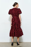 3D Flower Rosette Midi Dress with Bubble Sleeves