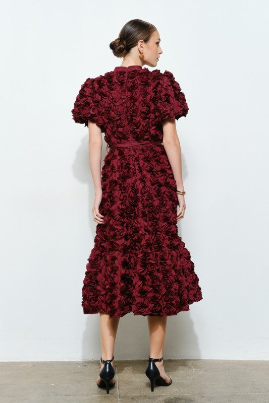 3D Flower Rosette Midi Dress with Bubble Sleeves