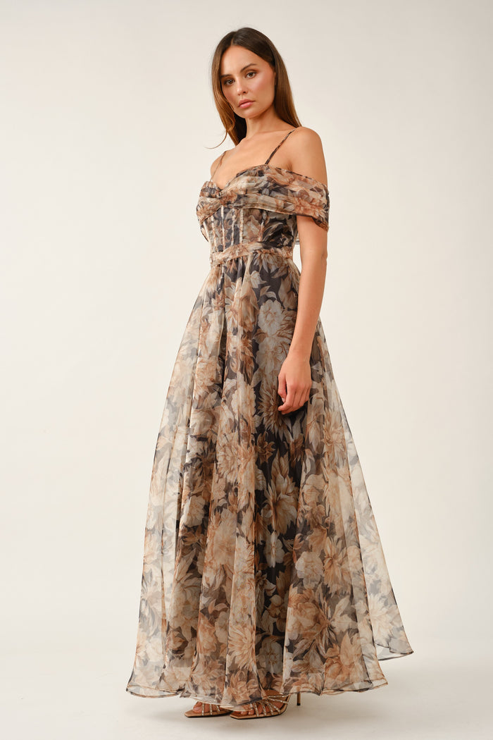Off-the-shoulder Corset Floral Maxi Dress