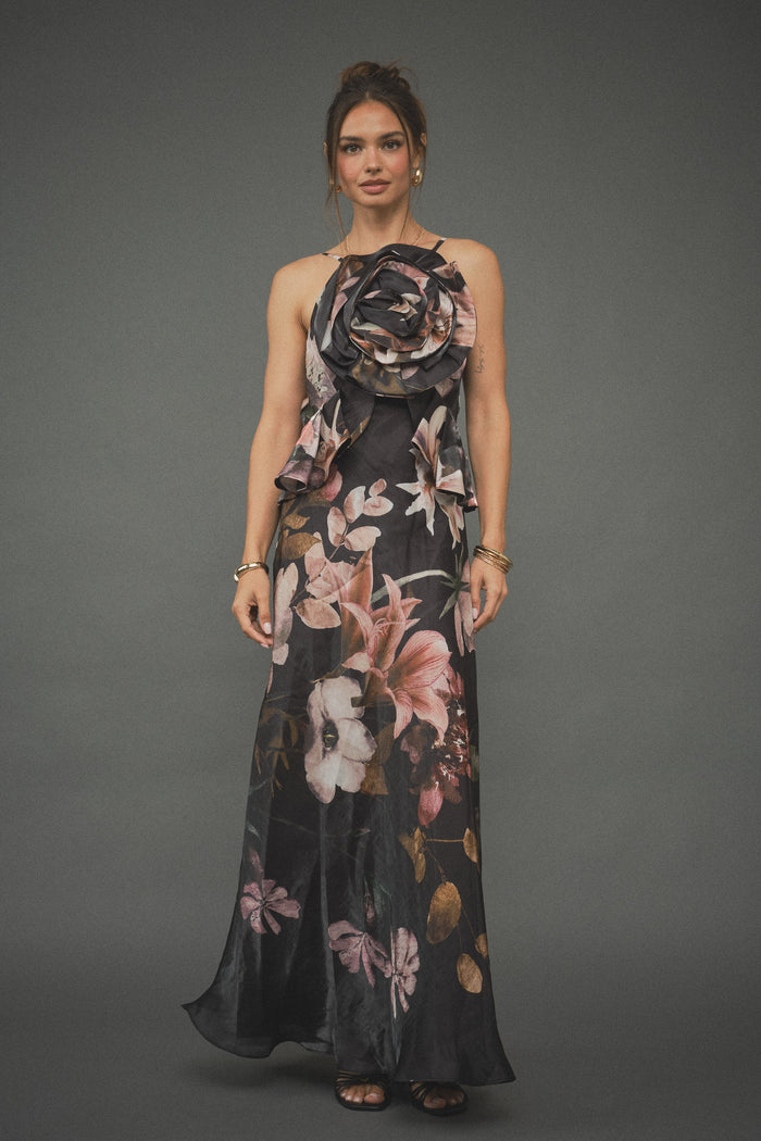 Isabella Black Floral Rosette Maxi Dress