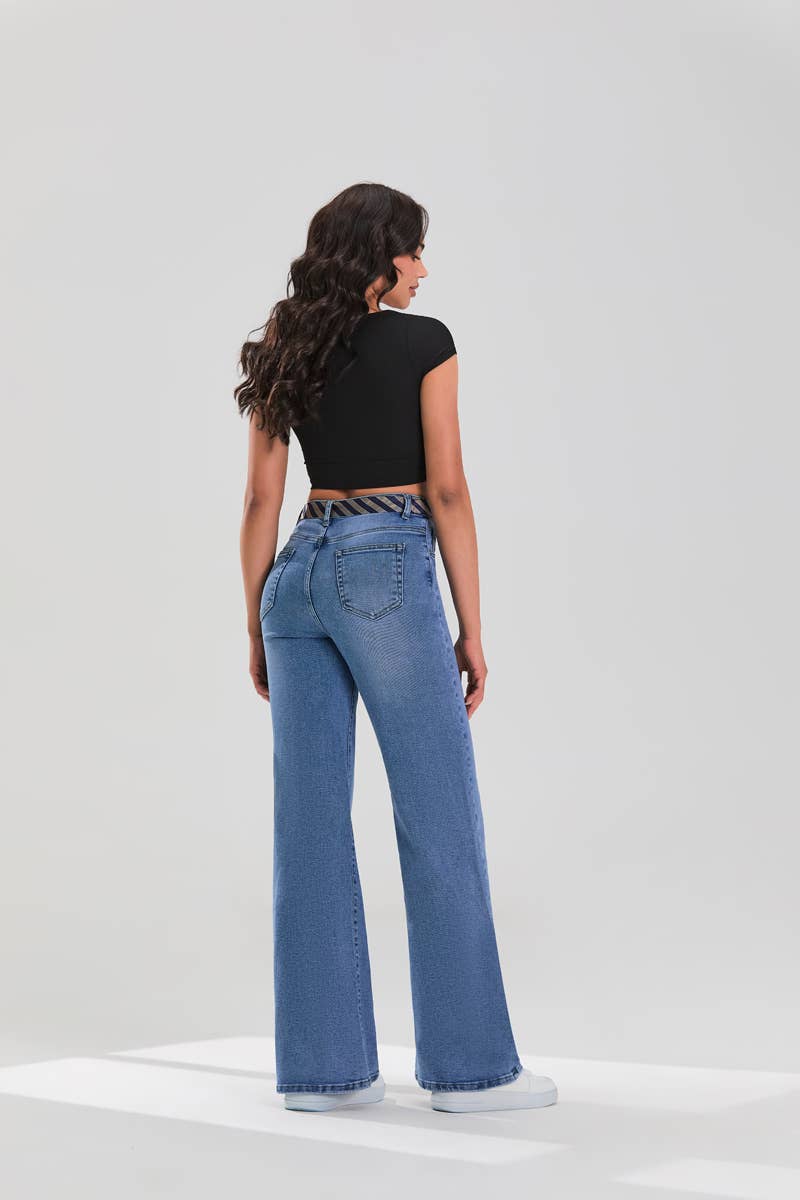 Medium Blue Bootcut Jeans with Tie Detail
