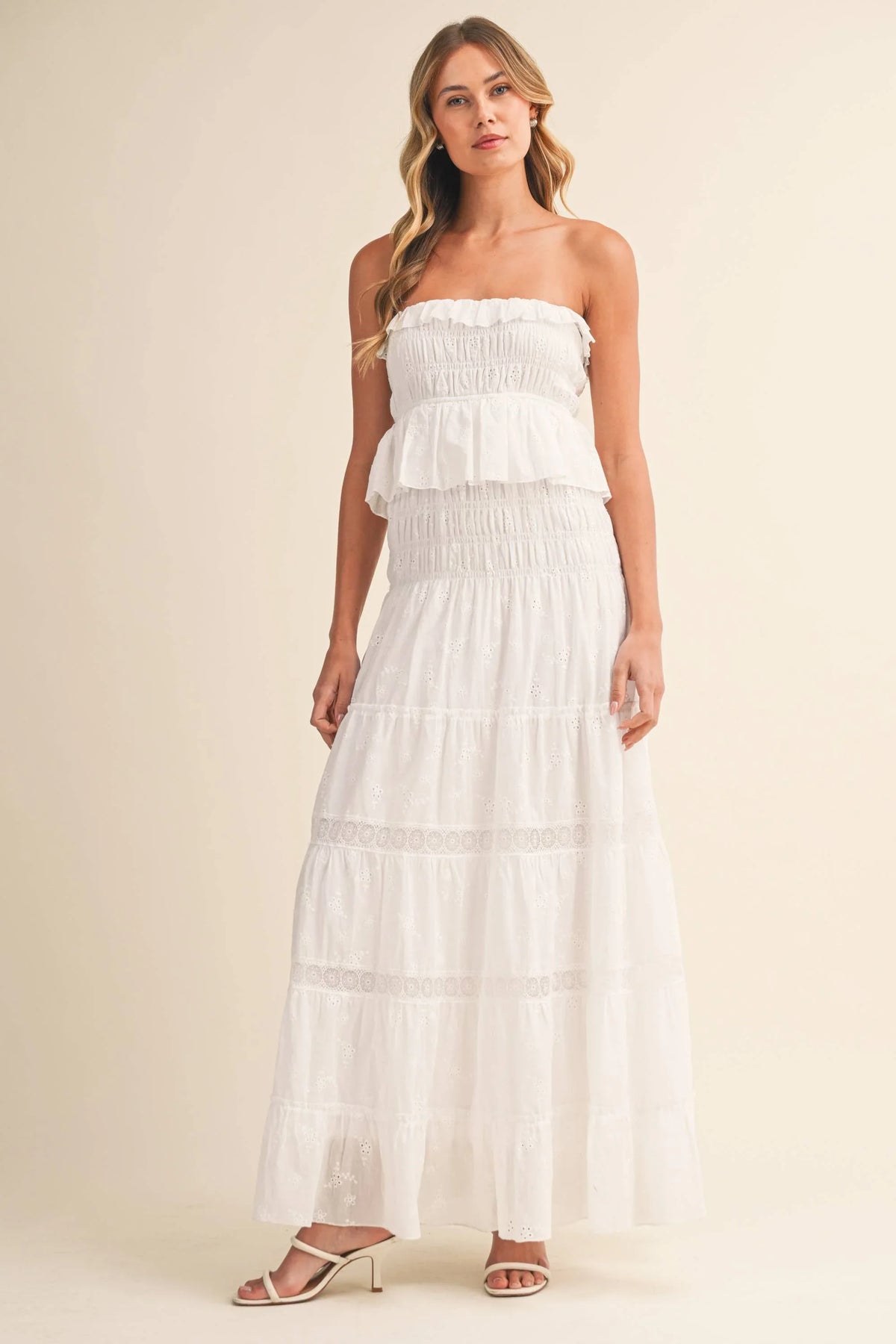 Strapless Eyelet Tiered Maxi Dress with Smocked Bodice