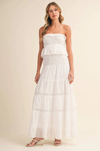 Strapless Eyelet Tiered Maxi Dress with Smocked Bodice