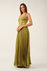 Floral Jacquard Lace-Up Pleated Maxi Dress