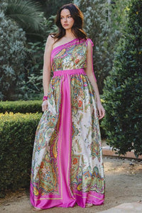 SATIN BORDER PRINT ONE SHOULDER MAXI DRESS - PRIVILEGE 