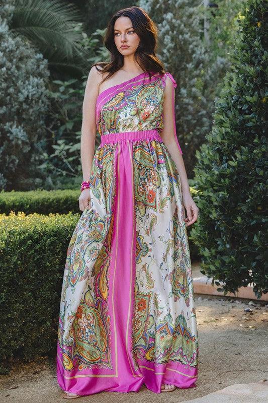 SATIN BORDER PRINT ONE SHOULDER MAXI DRESS - PRIVILEGE 