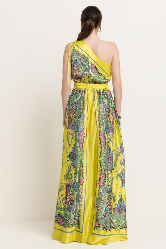 SATIN BORDER PRINT ONE SHOULDER MAXI DRESS - PRIVILEGE 