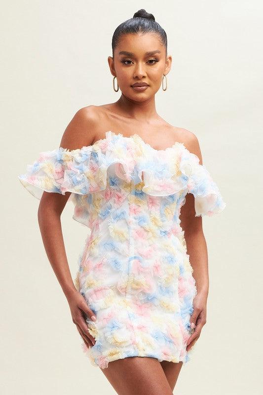 3D TIE DYE FLORAL RUFFLE OFF S DRESS - PRIVILEGE 