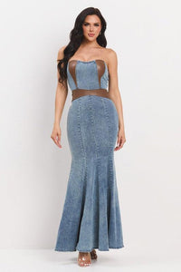 LEATHER MIX DENIM MERMAID DRESS PRIVILEGE