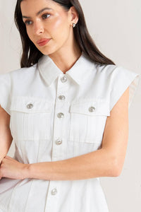 White Cotton Mini Dress – Button-Down Circle Skirt Dress