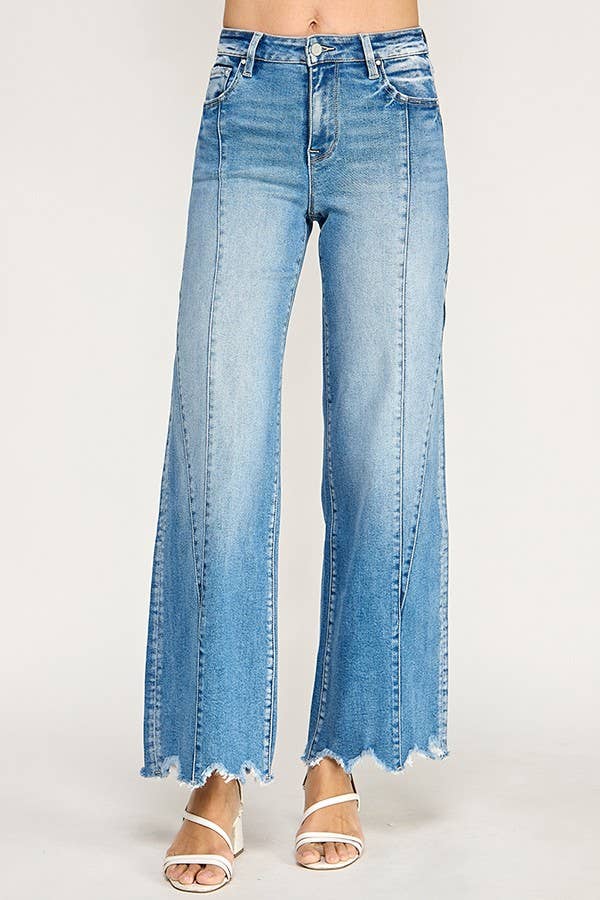 Super Stretch High Rise Wide Leg Jeans with Seam Detail — Light Wash