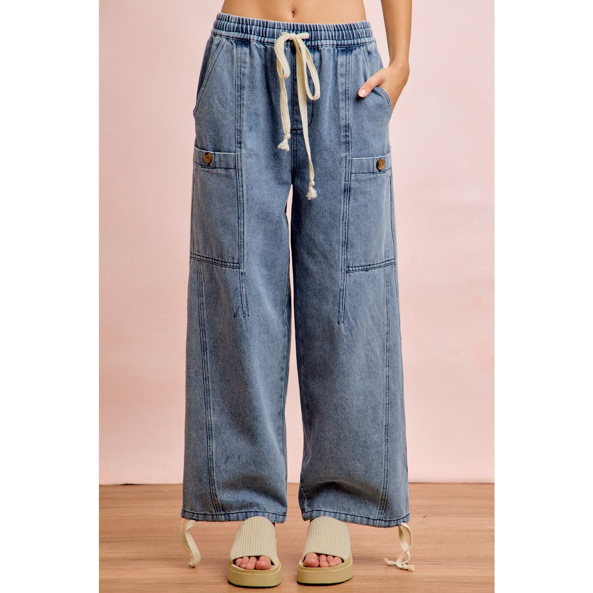 Washed Denim Drawstring Detail Pants