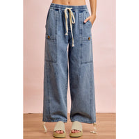 Washed Denim Drawstring Detail Pants