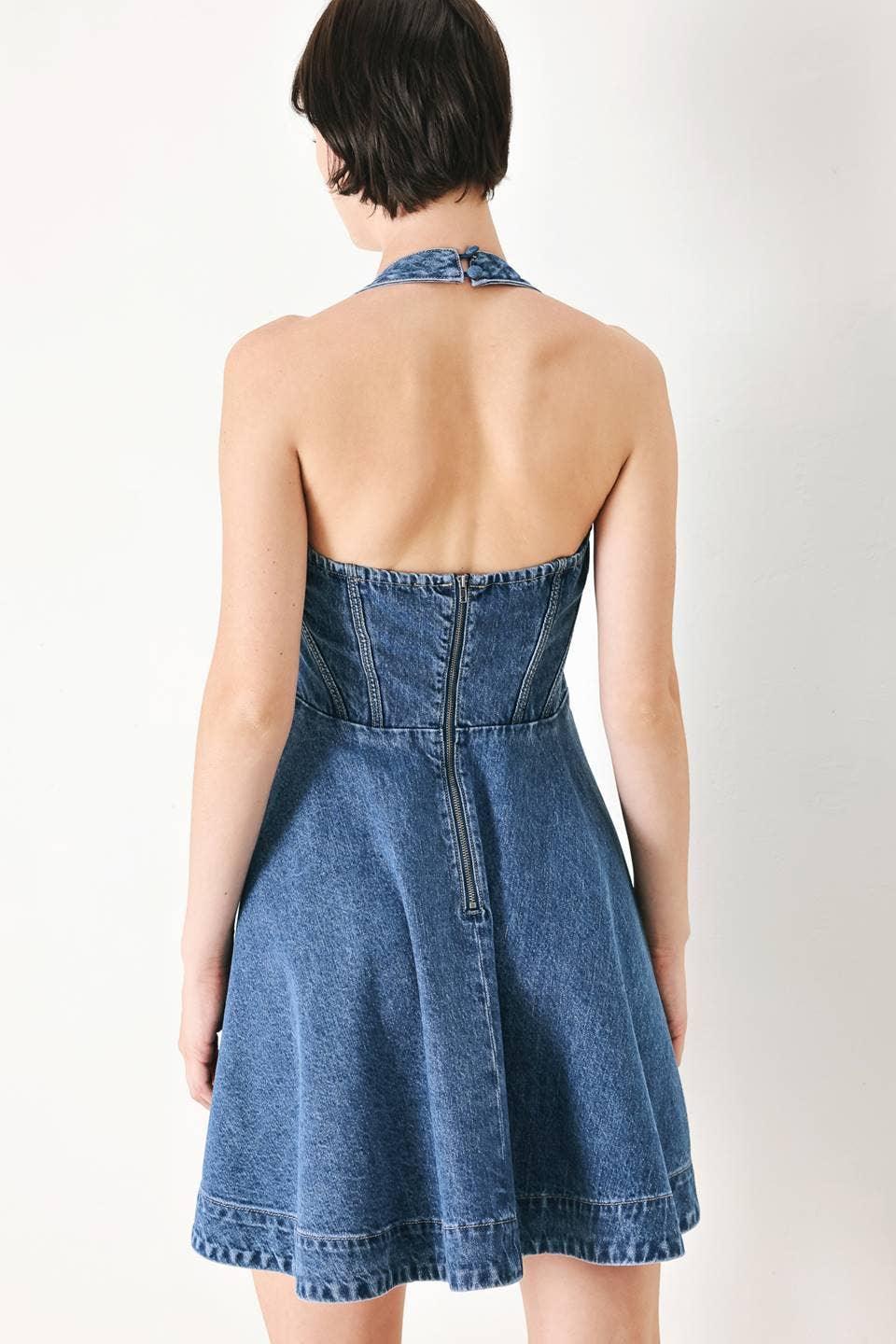 Washed Denim Halter Mini Dress Indigo | PRIVILEGE Indigo / SMALL / Contemporary Washed Denim Halter Mini Dress Indigo | PRIVILEGE Indigo / SMALL / Contemporary