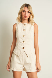 Gold Button Sleeveless Denim Romper