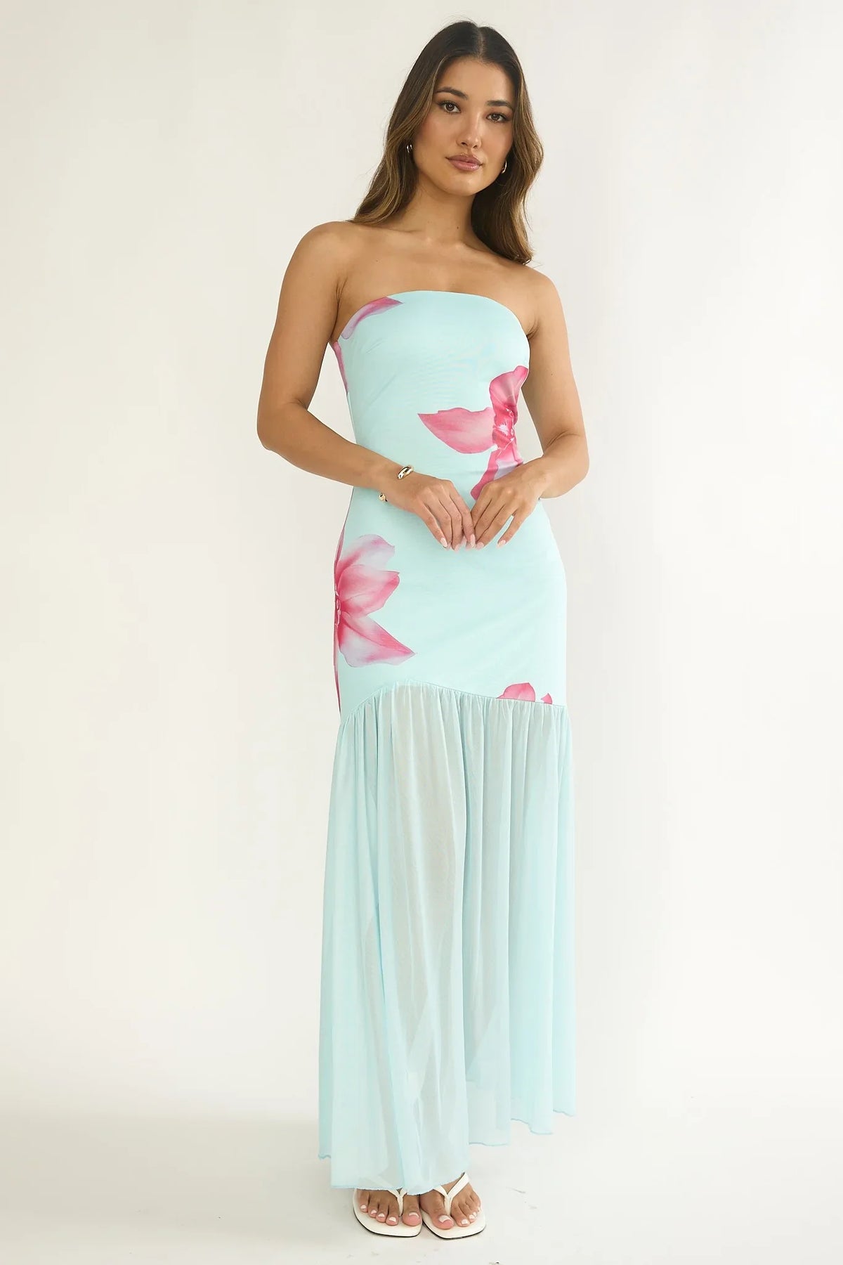 Strapless Floral Open Back Maxi Dress