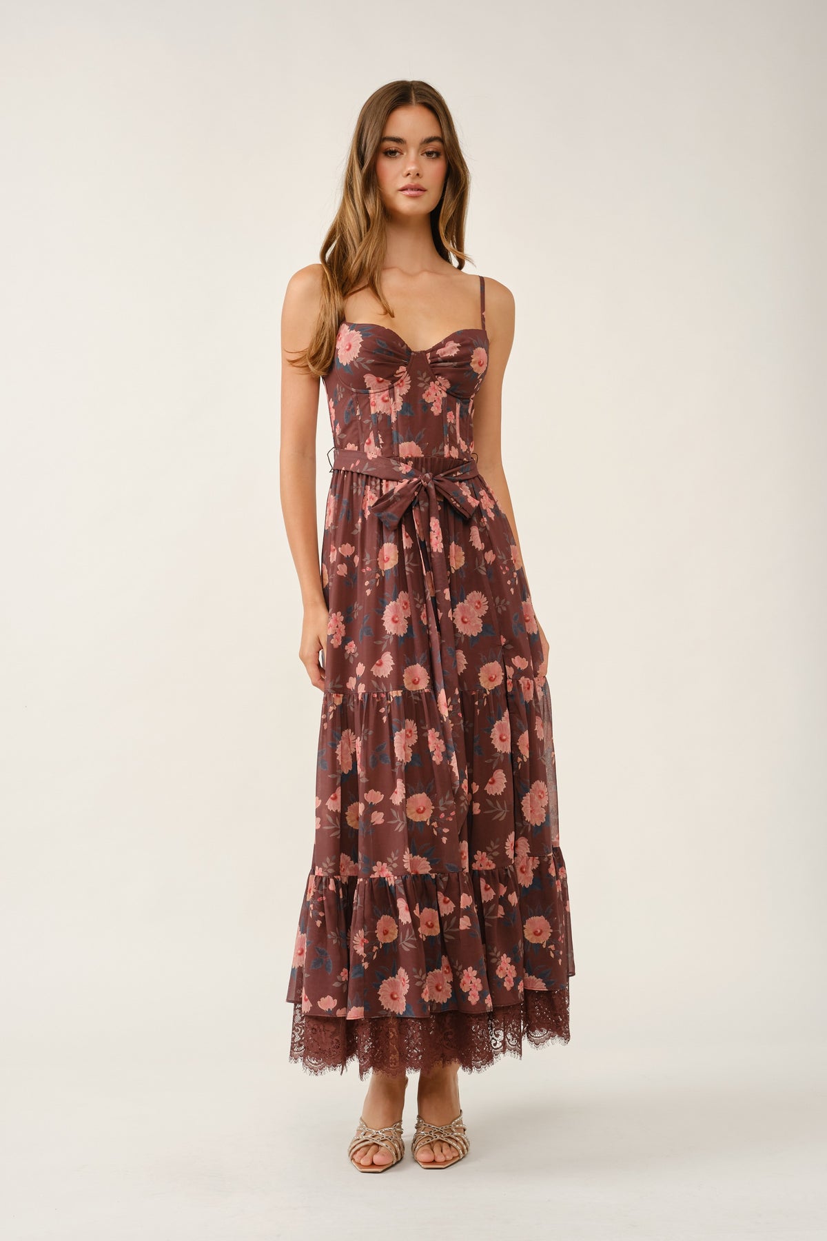 Floral Print Lace-up Corset Tiered Lace-trim Midi Dress