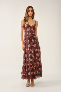 Floral Print Lace-up Corset Tiered Lace-trim Midi Dress