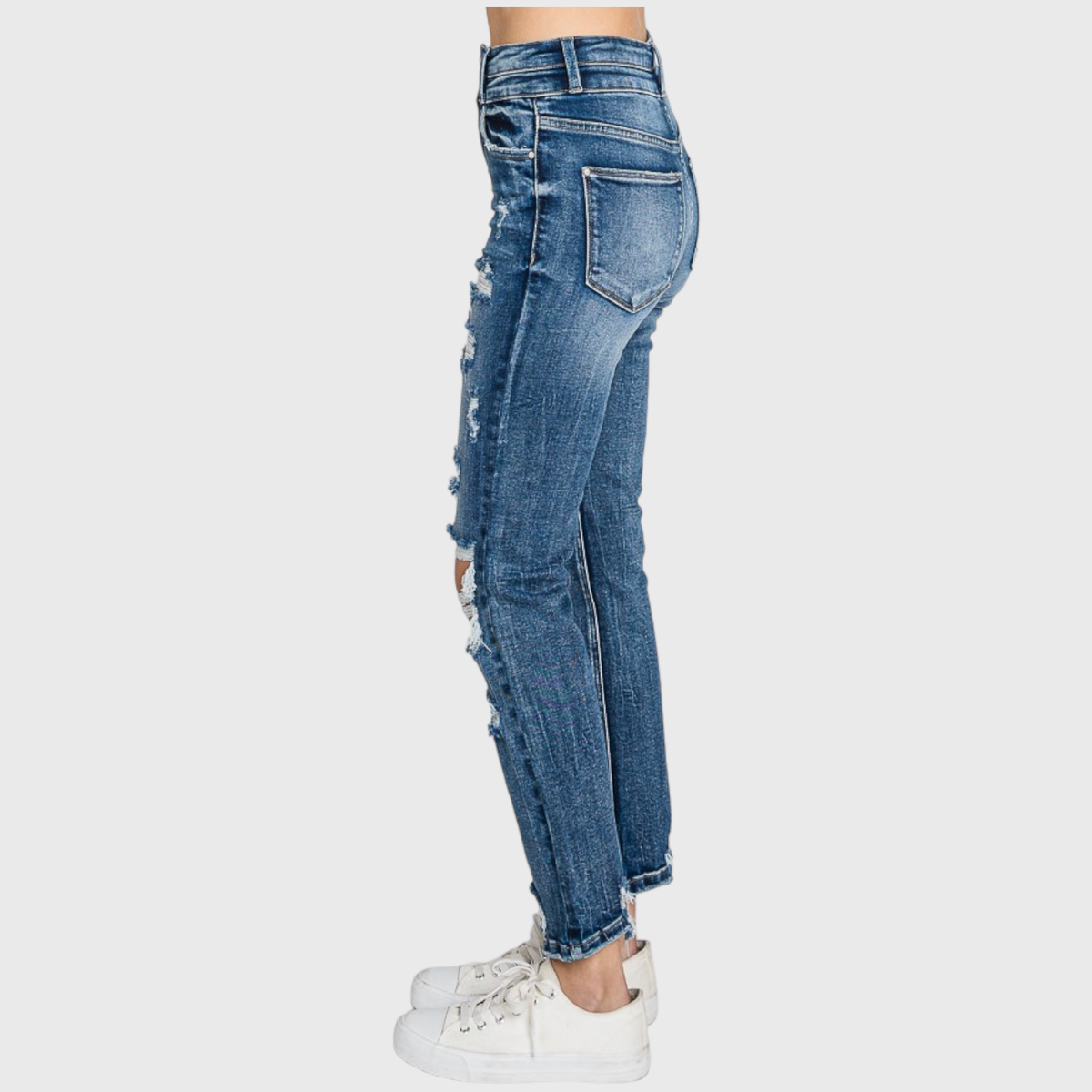 Destroyed Super High Rise Slim Straight Jeans — Medium Wash