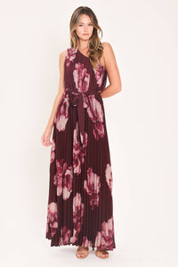 One Shoulder Wine Floral Pleated Maxi Dress