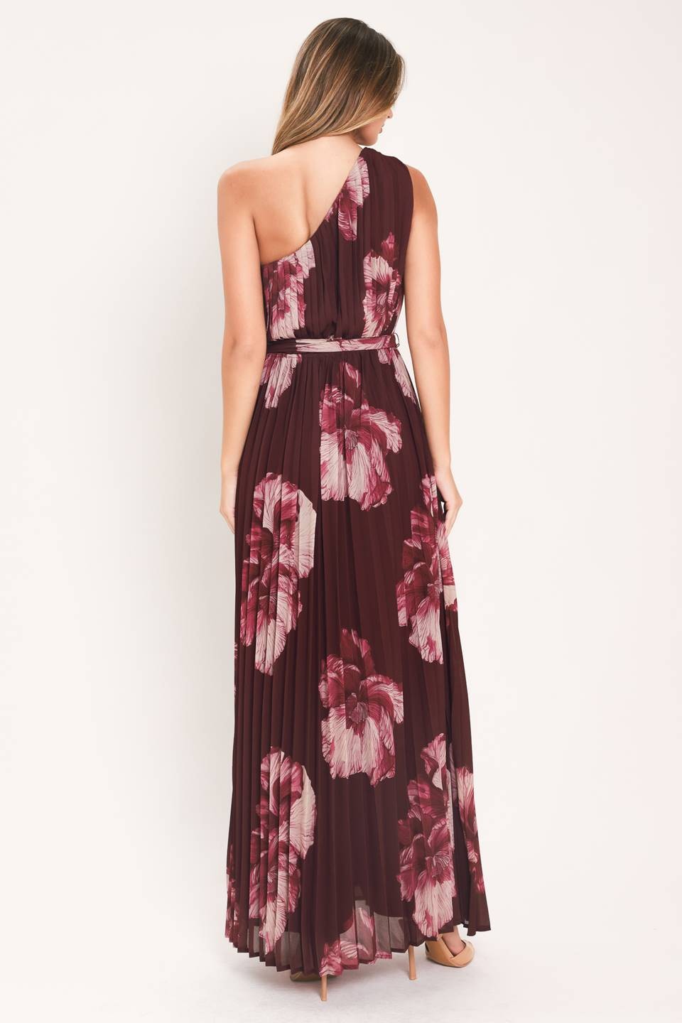 One Shoulder Wine Floral Pleated Maxi Dress