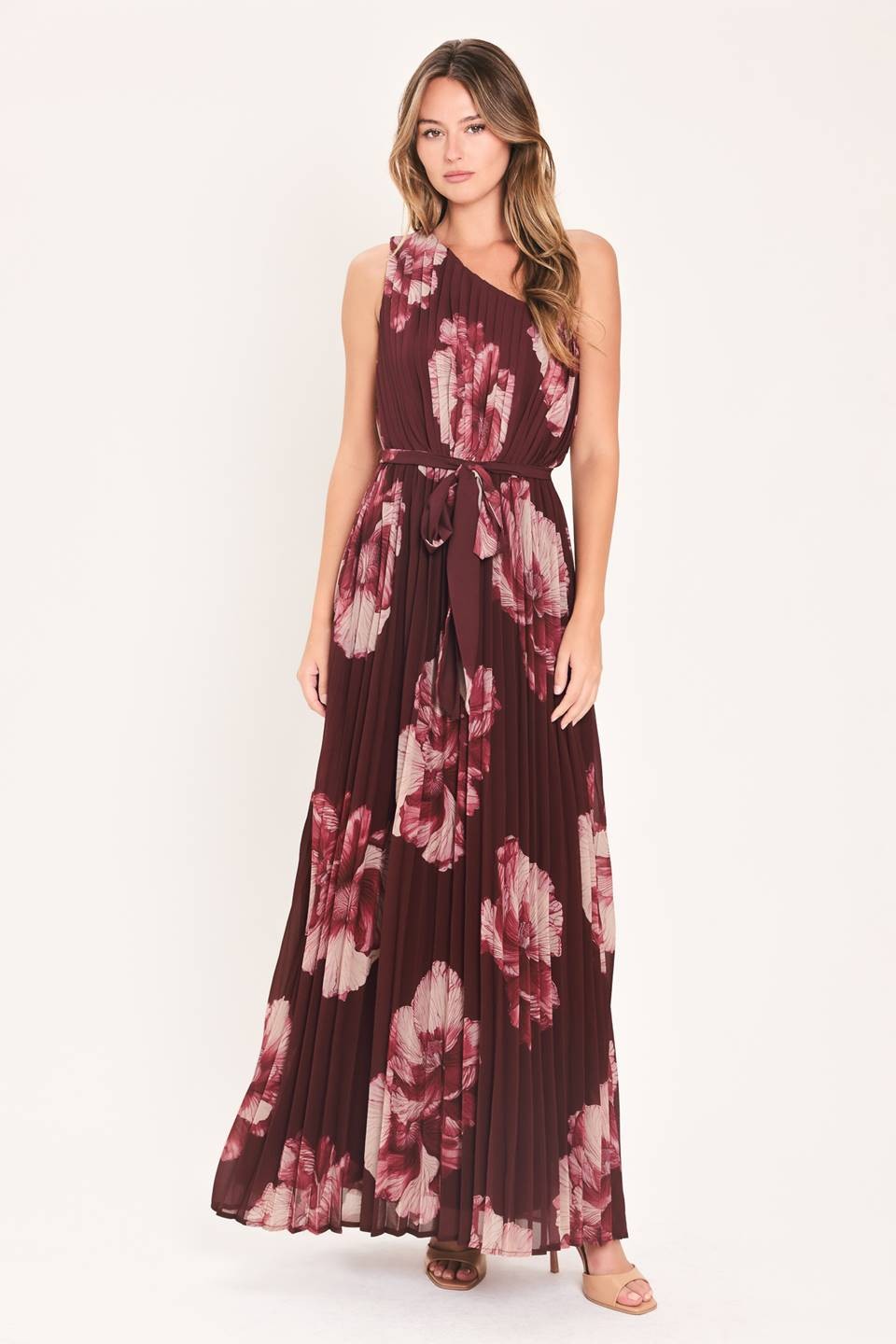 One Shoulder Wine Floral Pleated Maxi Dress