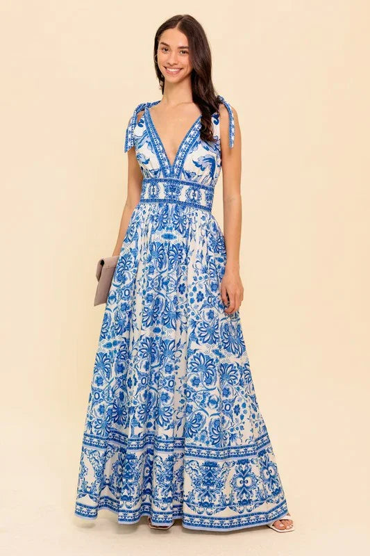 BLUE PRINTED VERCASE TI SHOULDER MAXI DRESS PRIVILEGE