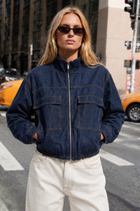 High-Collar Denim Bomber Jacket