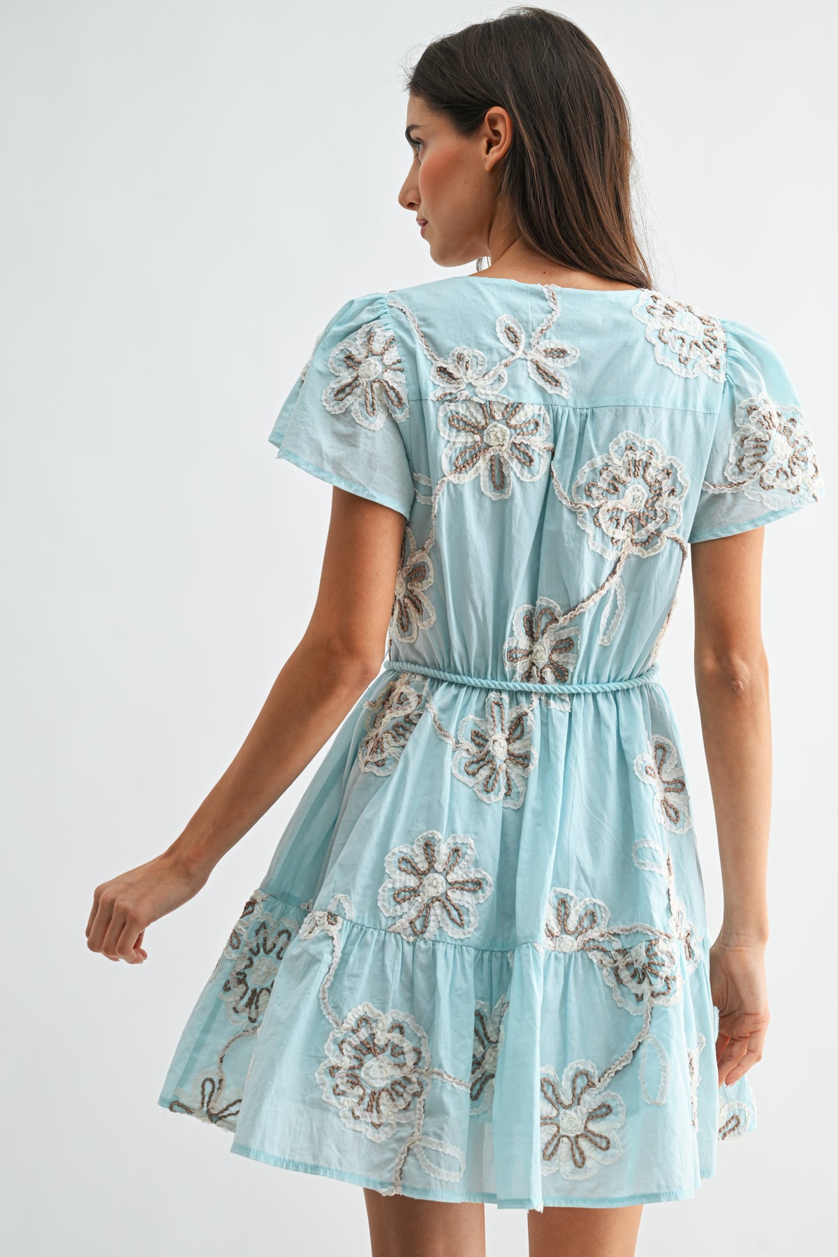 Floral Embroidered Flutter Sleeve Mini Dress
