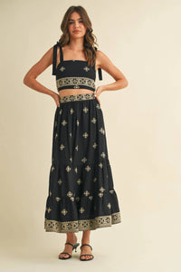 Boho Embroidered Crop Top & Tiered Midi Skirt Set