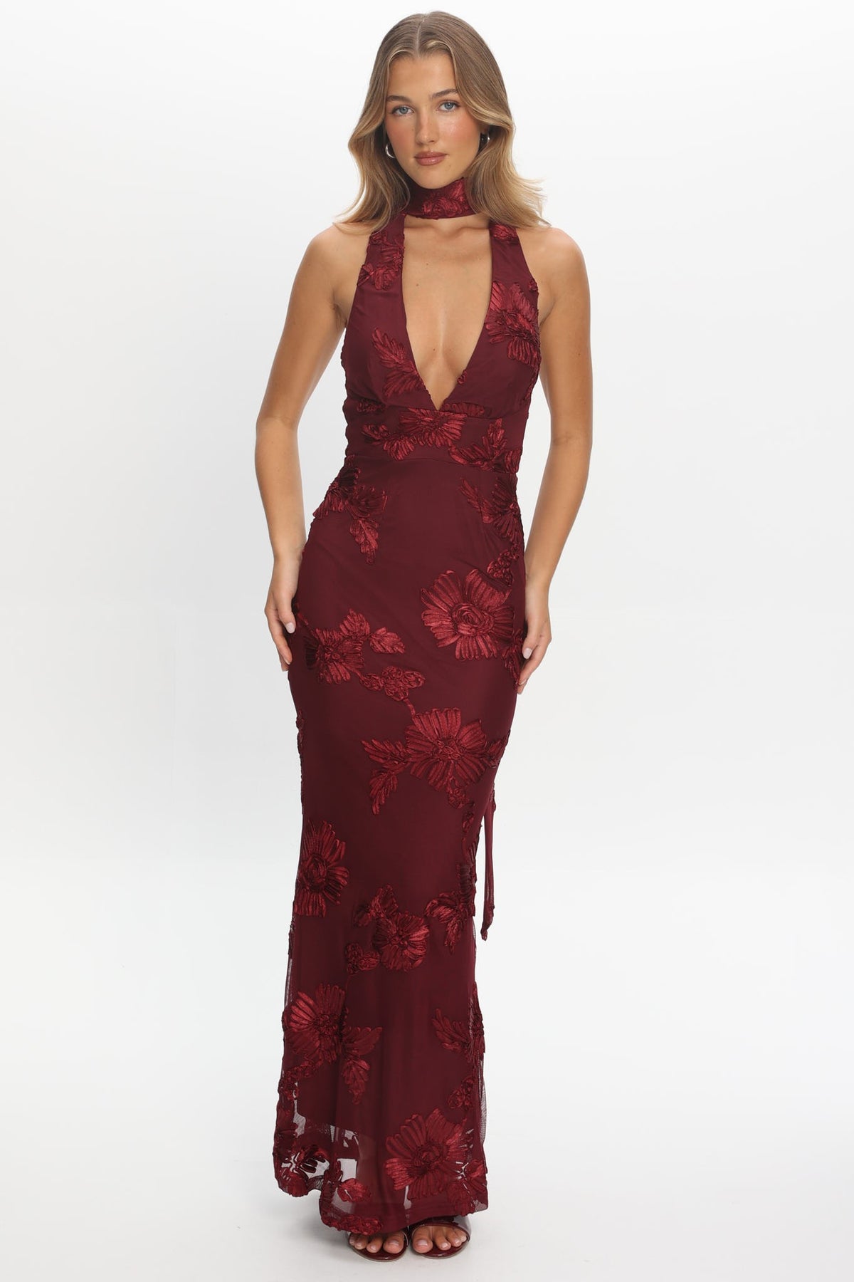 Bells Wine Floral Halter Mermaid Maxi Dress