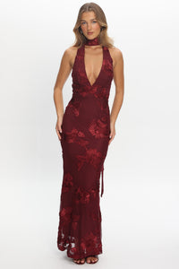 Bells Wine Floral Halter Mermaid Maxi Dress