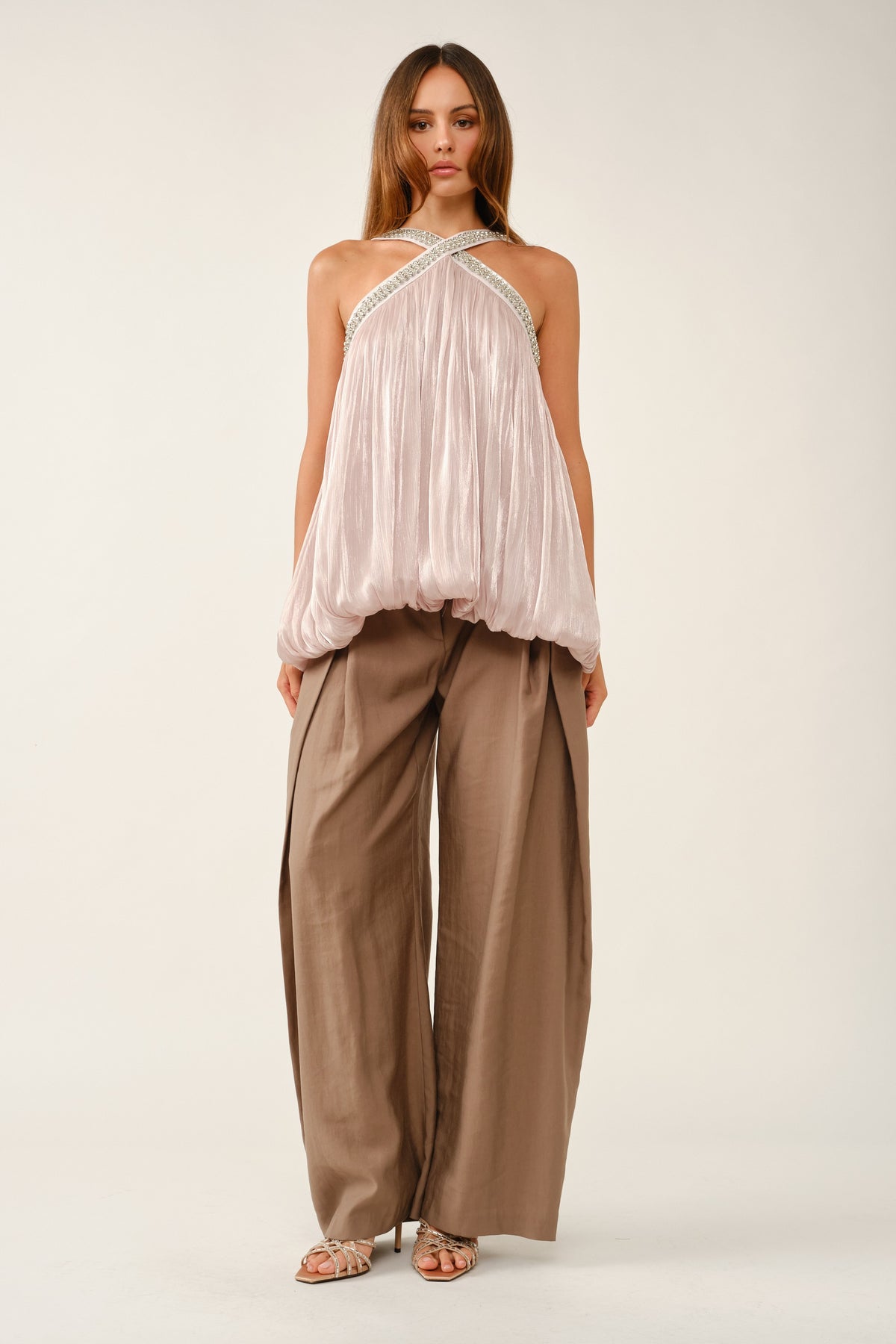 Sequin Criss-cross Pleated Bubble Blouse