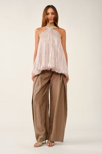 Sequin Criss-cross Pleated Bubble Blouse