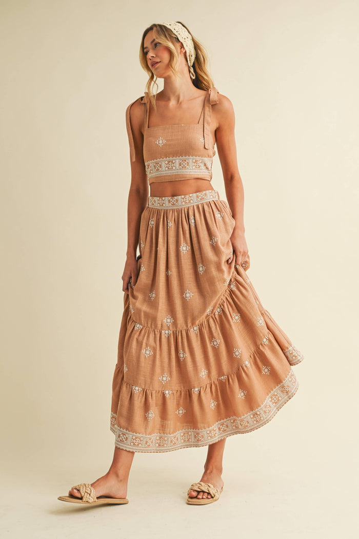 Boho Embroidered Crop Top & Tiered Midi Skirt Set