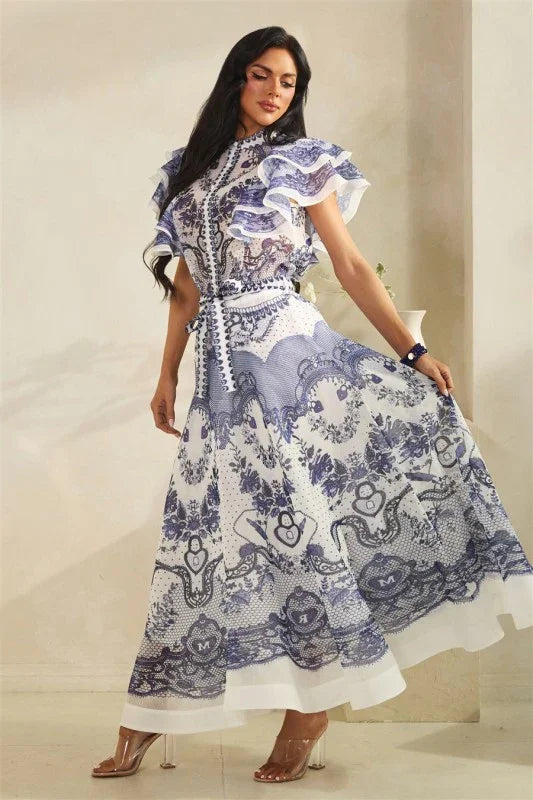 Printed Button Down Ruffle Detail Top with Belted Midi Skirt Set