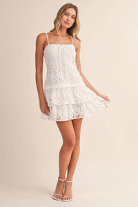FLORAL EYELET DROPWAIST TIERED MINI DRESS