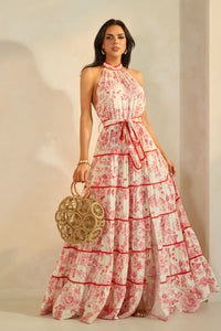 Floral Halter Neck Maxi Tiered Dress
