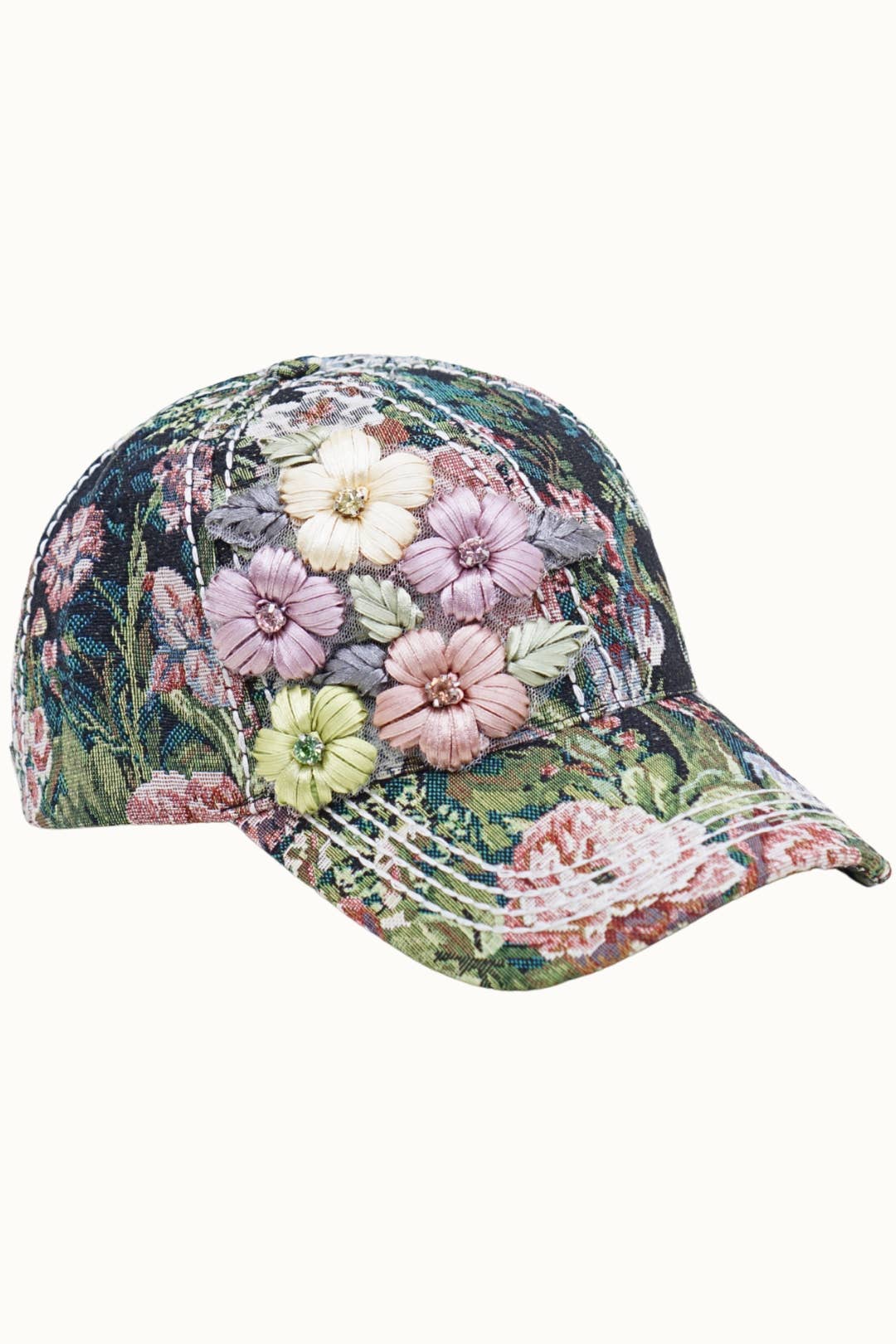 Floral Tapestry Cap with Bling Floral Glitz, Adjustable