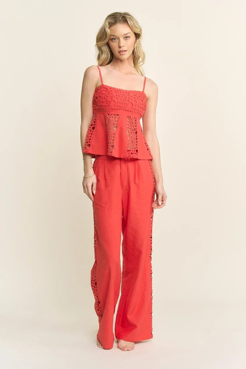 CROCHET DETAIL TOP AND PANTS SET