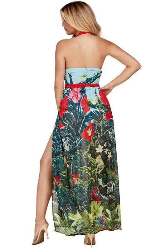 Tropical Braided Halter Open Back Maxi Dress - PRIVILEGE 