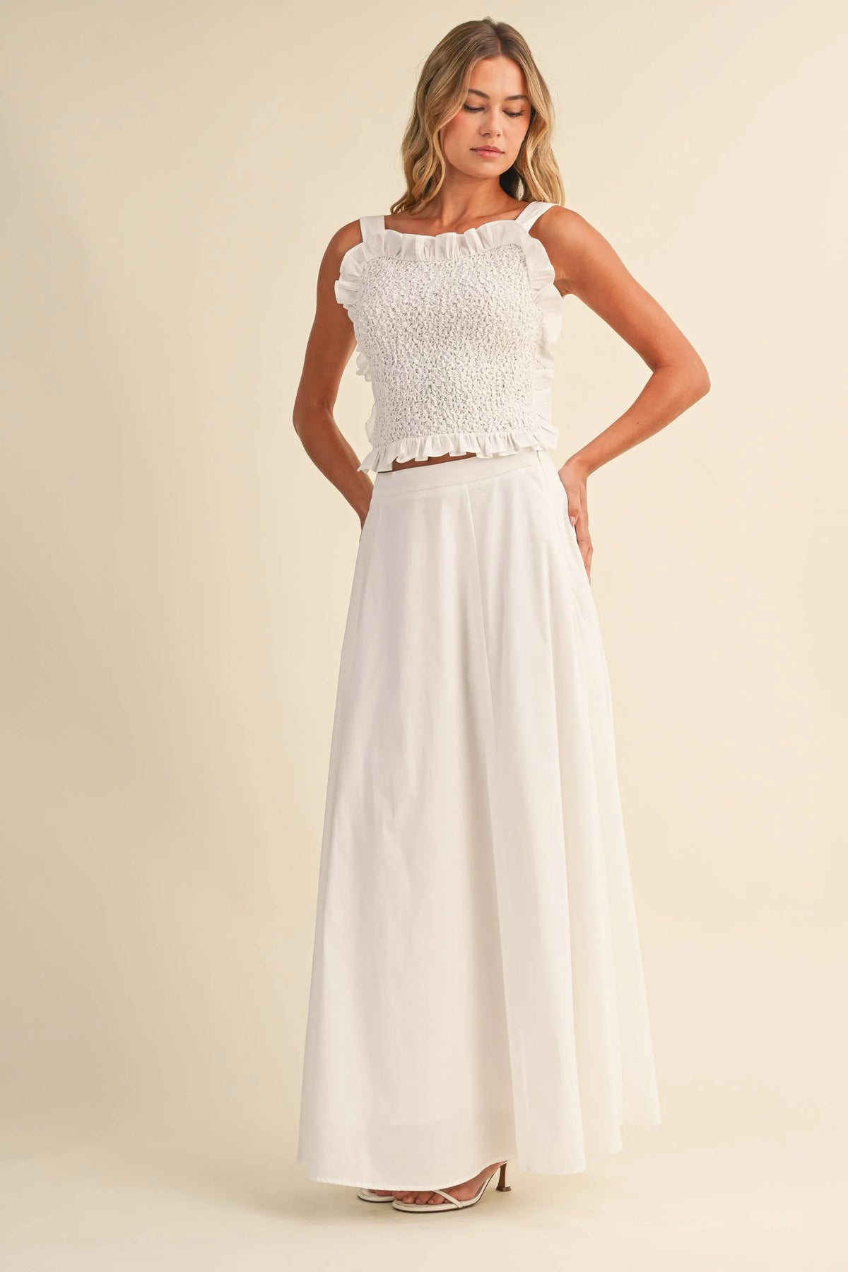 SMOCKING BACK TIED TOP AND A LINE MAXI SKIRT SET