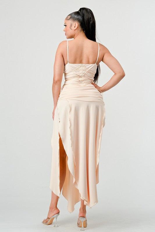 GODESS CORSET WAIST SLIT DRESS - PRIVILEGE 