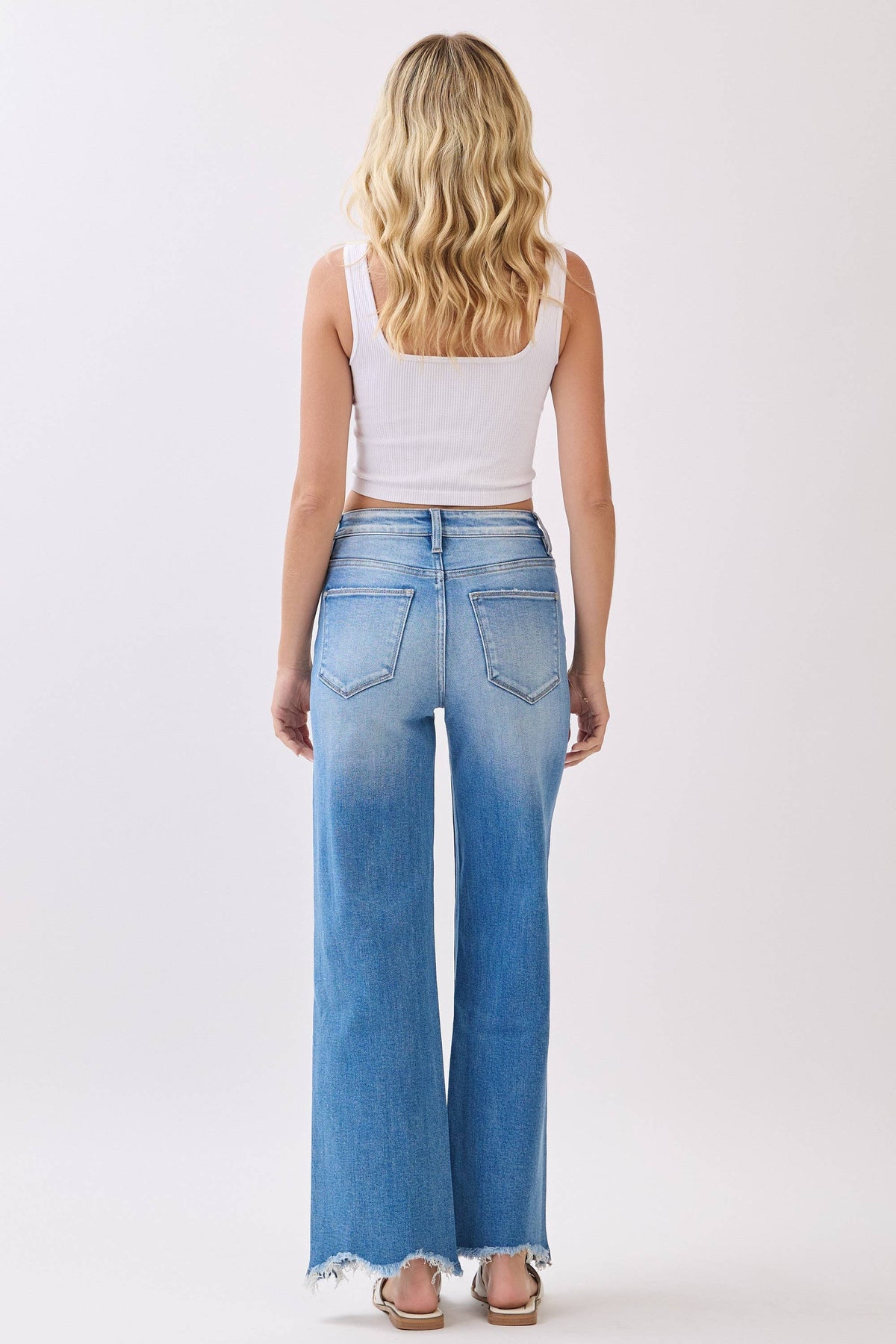 High Rise Stretch Wide Leg Jeans with Destroyed Hem