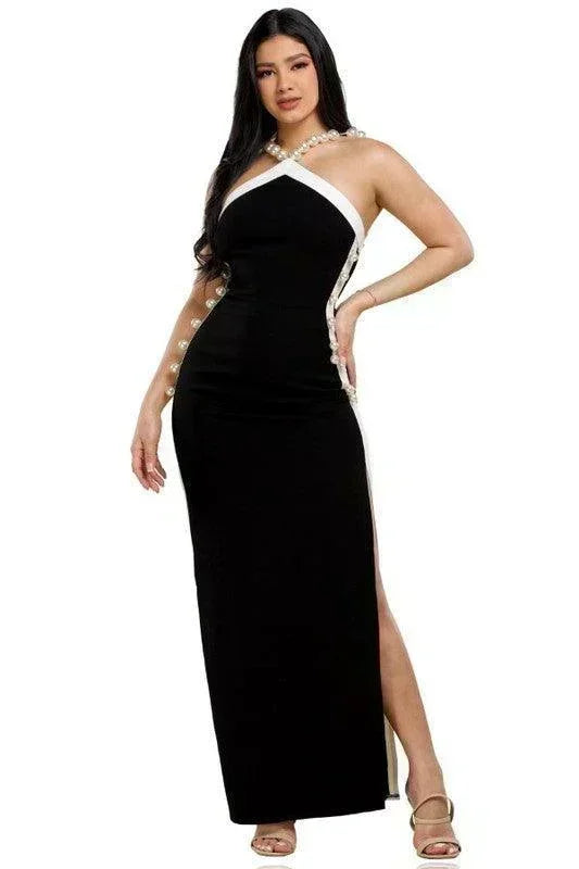 Pearl Beaded Black Maxi Dress - PRIVILEGE 