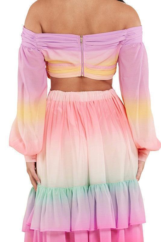 PASTEL OMBRE RUFFLE TIERED MAXI DRESS - PRIVILEGE 