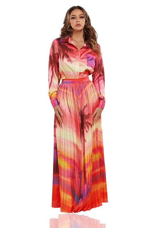 Sunset Print Ombre Woven Shirt and Maxi Skirt Set - PRIVILEGE 
