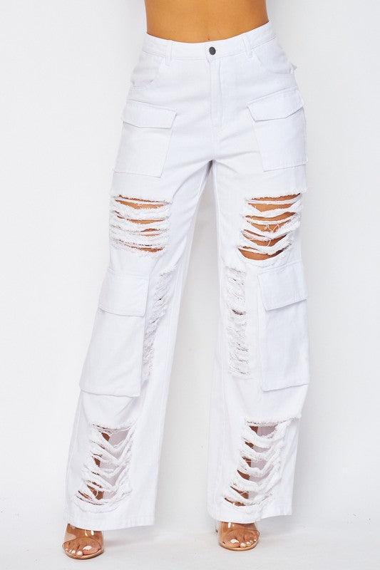 DISTRESSED CARGO WIDE LEG PANT - PRIVILEGE 