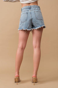 High Waist Rhinestone & Jewel Fringe Denim Shorts - PRIVILEGE 